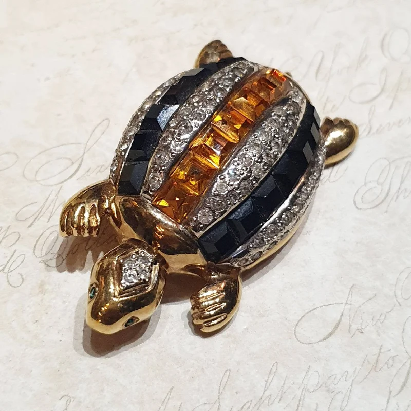 gold rhinestone brooch for women-Valentino Brooch Turtle Gold Black Vintage Large