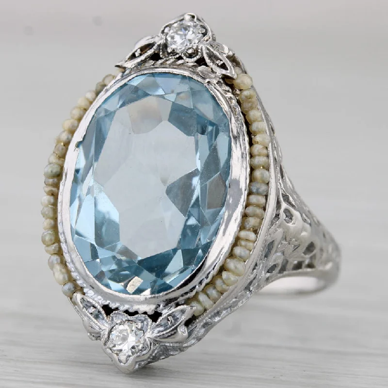 halo engagement rings for women-Vintage Lab Created Blue Spinel Diamond Pearls Filigree Ring 14k White Gold Sz 6