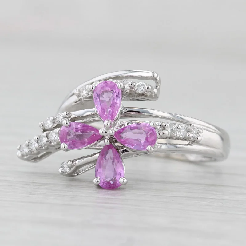 cushion diamond engagement rings for women-0.99ctw Pink Sapphire Diamond Flower Bypass Ring 14k White Gold Size 5.25