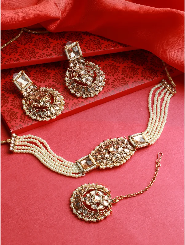 double chain necklace for women-Gold-Plated & White Kundan Studded & Beaded Choker Jewellery Set