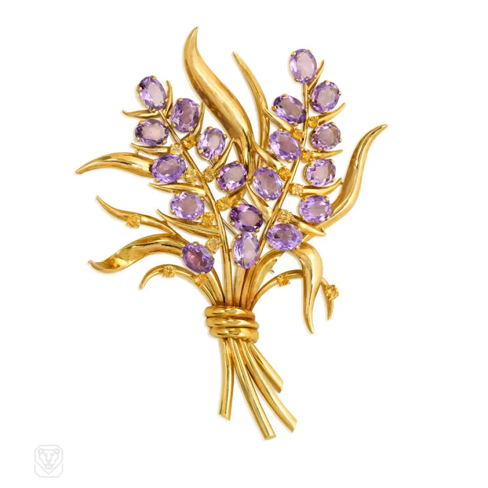 classic gold brooch for women-Retro oversized amethyst and citrine floral spray brooch