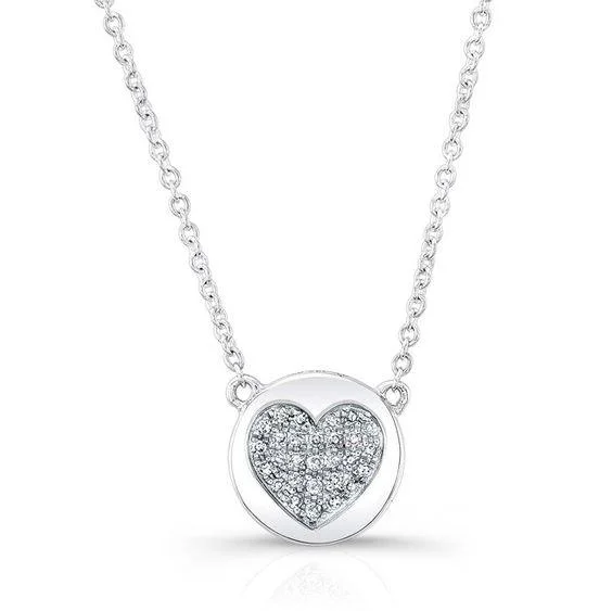 dainty gold necklace for women-14K White Gold Diamond Double Sided Disc and Pave Heart Pendant