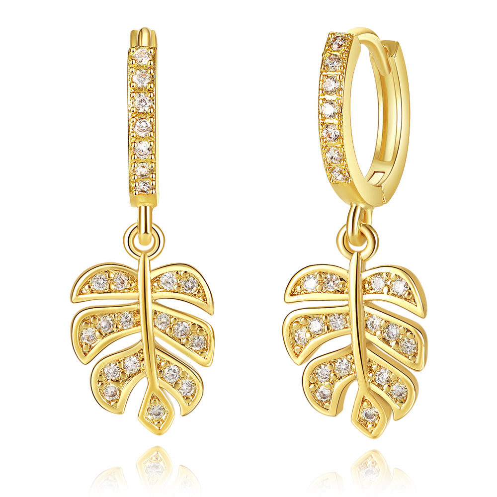 black diamond earrings for women-14K Gold Dangle Drop Hoop Earrings for Women Girls- Leaf