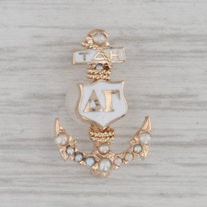 gold solitaire engagement rings for women-Vintage Delta Gamma Sorority Anchor Badge 10k Yellow Gold Pearls Greek Pin