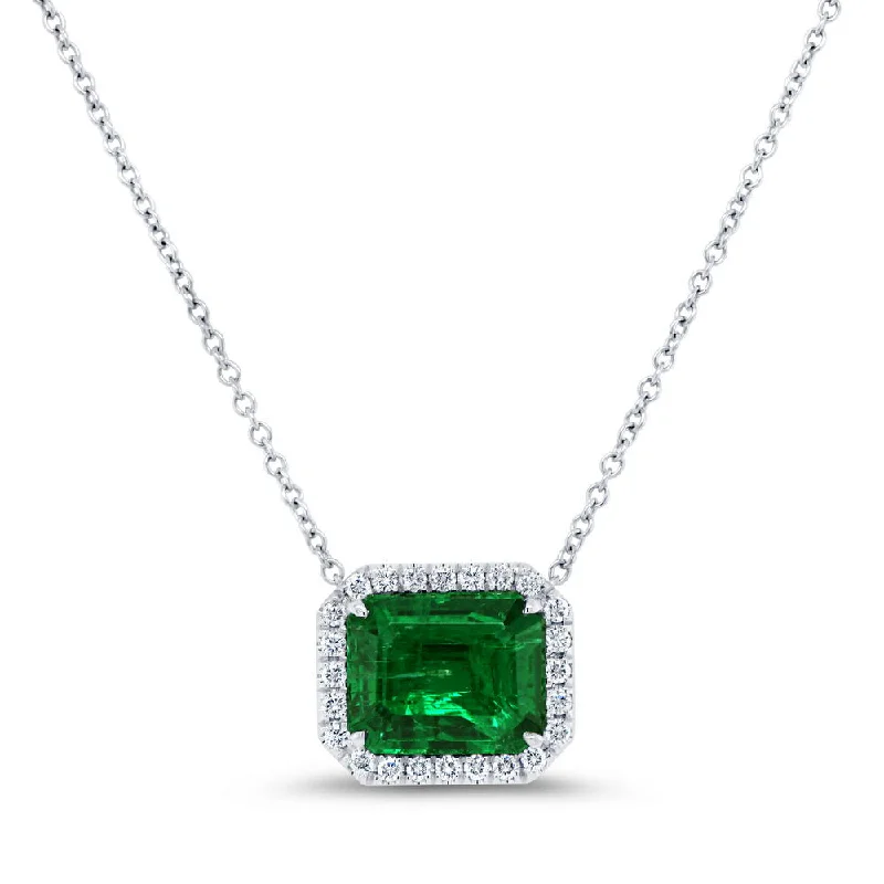 intricate crystal brooch for women-Uneek Precious Collection Halo Emerald Cut Emerald Brooch Pendant