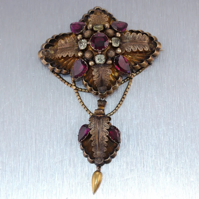 designer brooch for women-1850's Antique Victorian 14k Yellow Gold 6.50ctw Garnet Brooch Pin