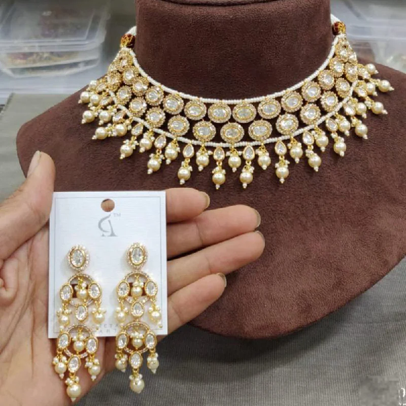 classic gold necklace for women-JewelTreeTz Gold Polished Kundan Choker Set