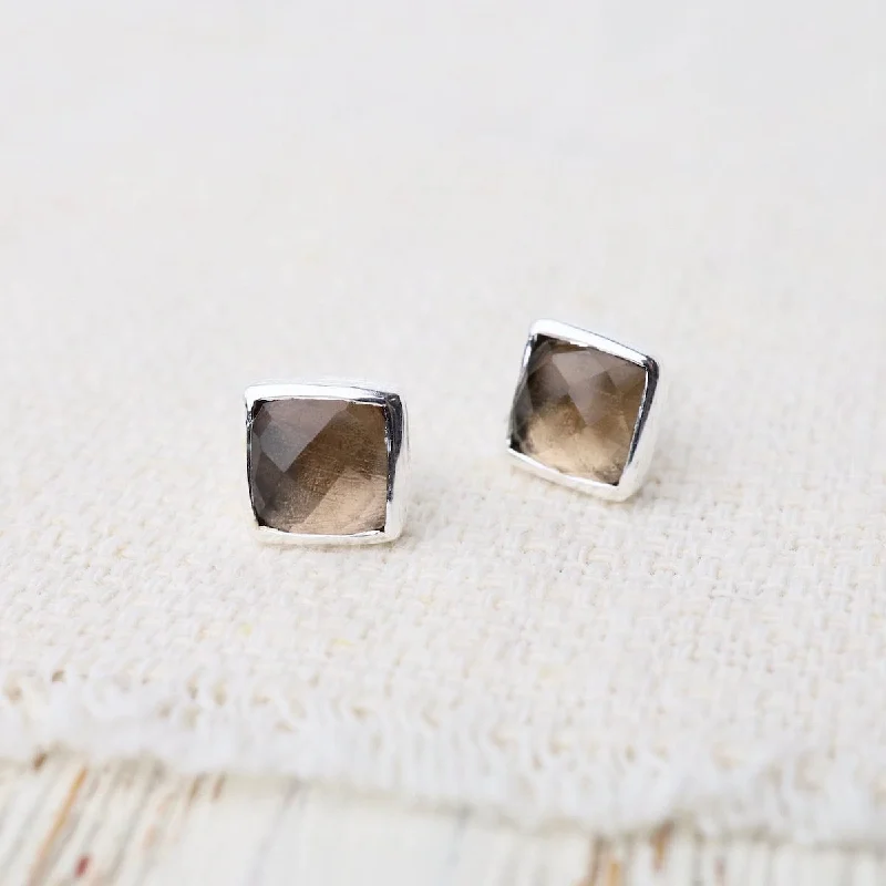 personalized gemstone earrings for women-Silver Square Madeline Stud Earrings - Smokey Quartz