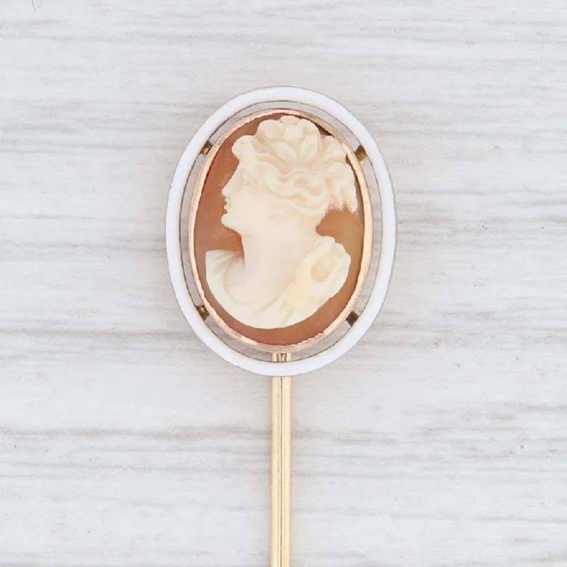 floral engagement rings for women-Cameo Stickpin 14k Yellow Gold Carved Shell Enamel Vintage Pin