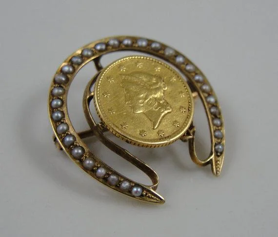 elegant jewel brooch for women-Good Luck Coin Pearl Horseshoe Brooch