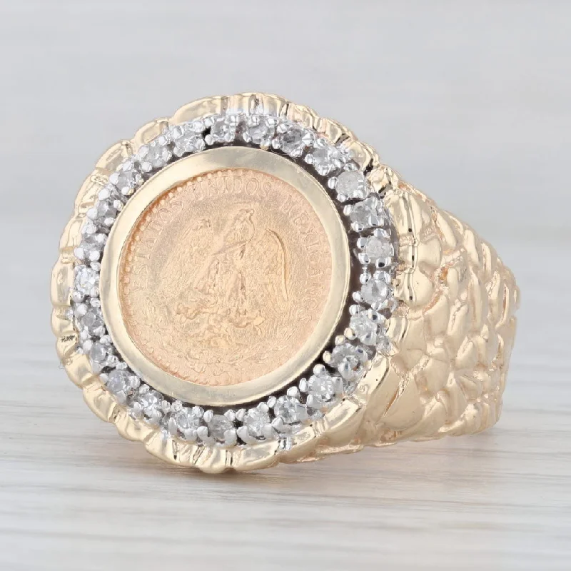 diamond pave engagement rings for women-0.25ctw Diamond Bezel 1945 Dos Pesos Coin Ring 900 14k Gold Hammered