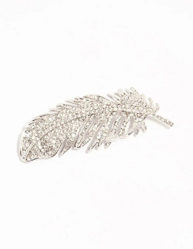 gold leaf brooch for women-Silver Diamante Feather Brooch