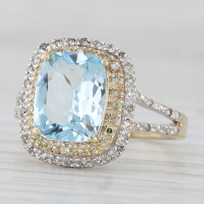 custom engagement rings for women-3.70ctw Aquamarine Diamond Halo Ring 10k Yellow Gold Size 7.25