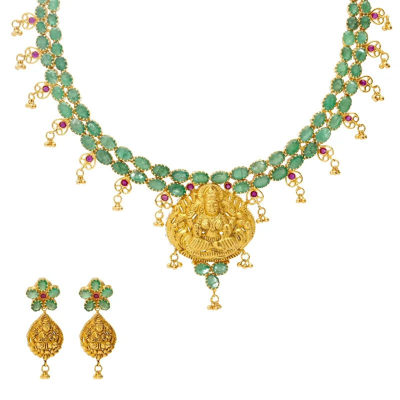 long gold necklace for women-22K Gold & Gemstone Jaded Temple Set