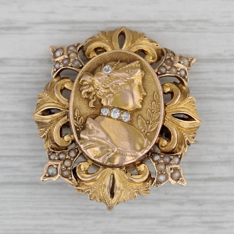 three-stone engagement rings for women-Vintage Cameo Brooch Pendant 14k Yellow Gold Diamond Pearl Floral Pin