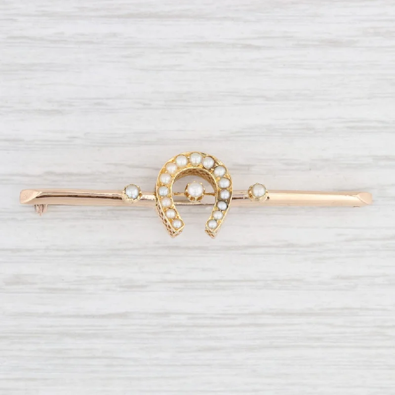 rose gold engagement rings with diamonds for women-Vintage Pearl Horseshoe Bar Brooch 14k Yellow Gold Western Pin