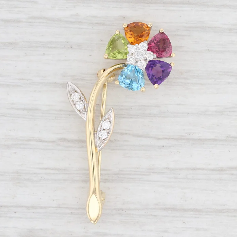 elegant halo engagement rings for women-2.59ctw Gemstone Flower Brooch 18k Gold Diamond Garnet Topaz Peridot Spark Pin