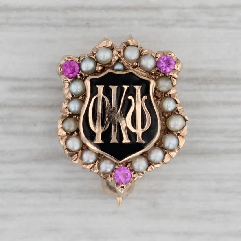 round cut engagement rings for women-Phi Kappa Psi Sweetheart Pin 10k Gold Pearl Ruby Shield Fraternity Badge