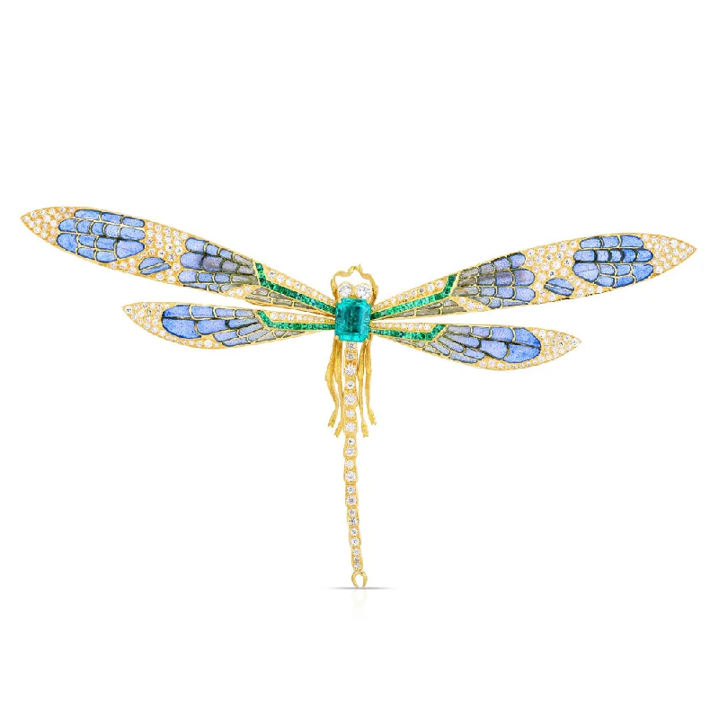 luxury bridal brooch for women-Plique-à-Jour Emerald & Diamond Dragonfly Brooch