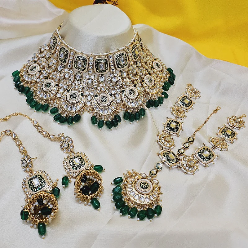 pearl chain necklace for women-Gehana Mahal Gold Plated Kundan Stone And Beads Semi Bridal Set