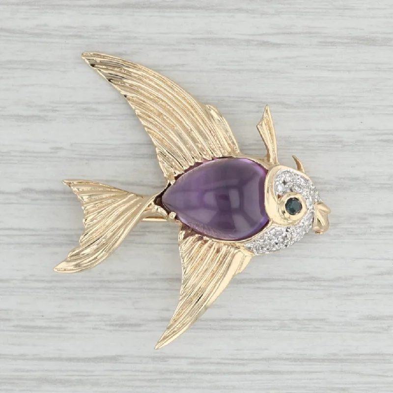 black diamond engagement rings for women-6.80ctw Amethyst Diamond Sapphire Angel Fish Brooch 14k Gold Statement Pin