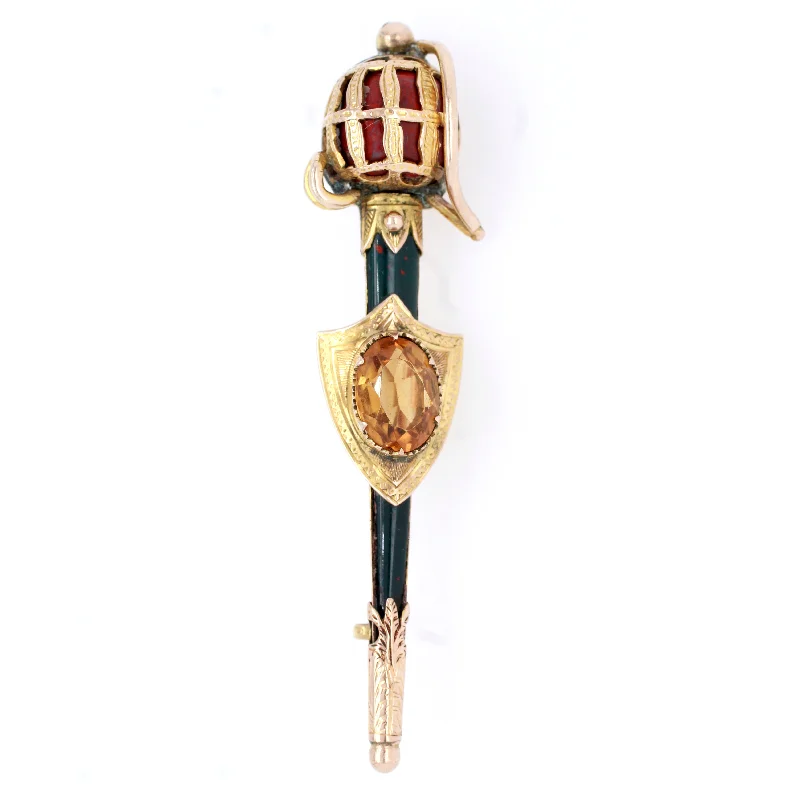 elegant vintage brooch for women-Antique Victorian Scottish Citrine Bloodstone & Agate Sword & Shield Gold Brooch