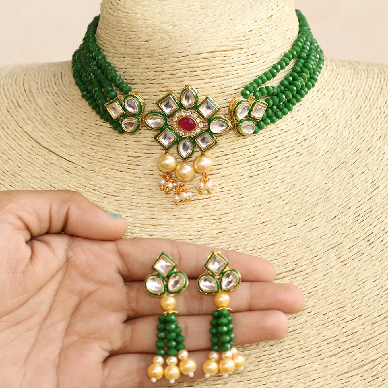 gold nameplate necklace for women-Beadsnfashion Glass Crystal Beaded Kundan Choker Set Green