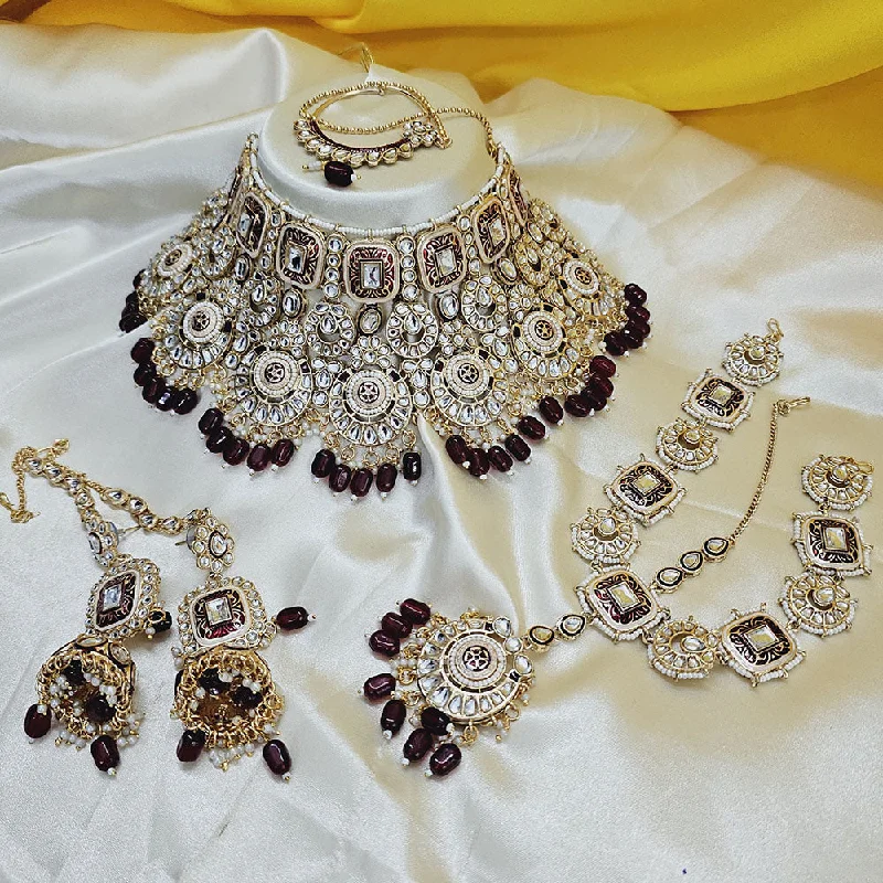 leather necklace for women-Gehana Mahal Gold Plated Kundan Stone And Beads Semi Bridal Set