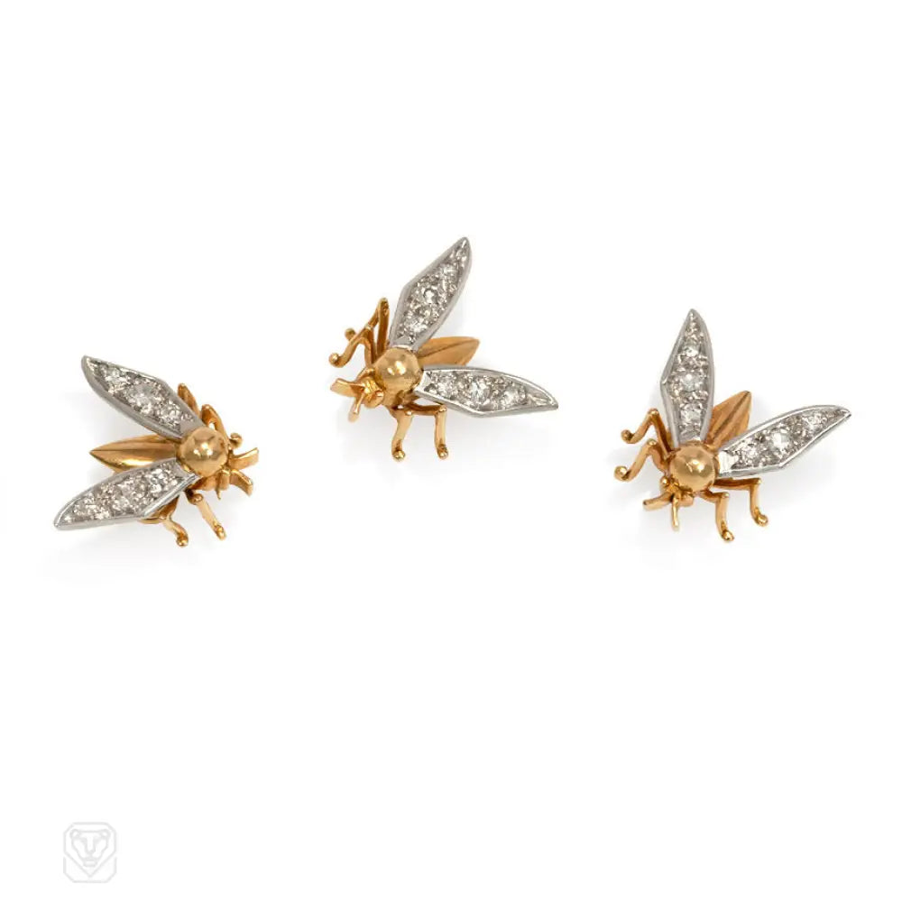 elegant gold brooch for women-Set of Retro gold and diamond insect brooches. France