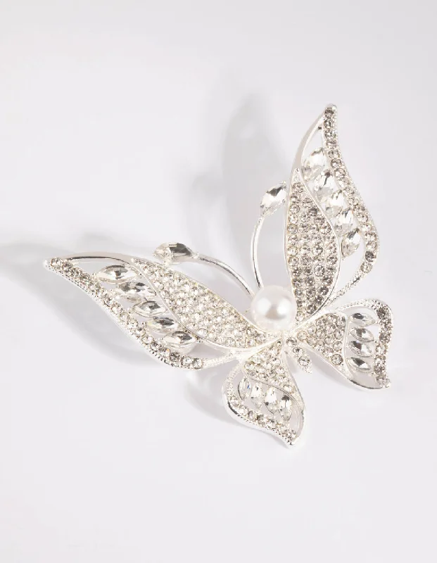 vintage-style brooch for women-Silver Butterfly & Pearl Brooch