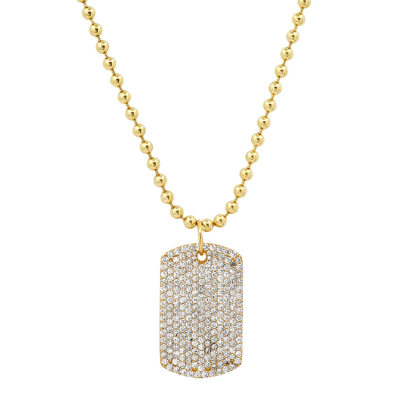 delicate necklace for women-SOLID BALL CHAIN W/ BLINDED BY THE LIGHT DIAMOND DOG TAG, 14kt GOLD