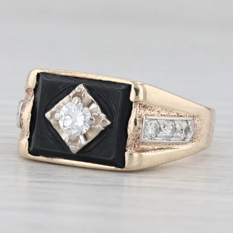 platinum engagement rings with diamonds for women-Vintage 0.51ct Diamond Onyx Signet Ring 10k Yellow Gold Size 10.5 Men's