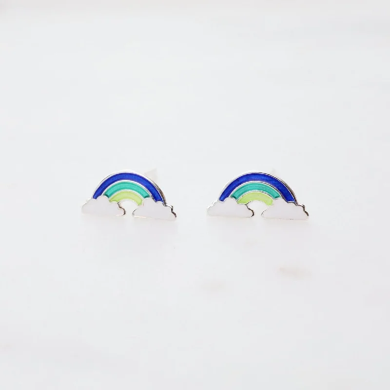 large hoop earrings for women-Enamel Rainbow in Clouds Post Earrings - Blue, Teal, & Yellow