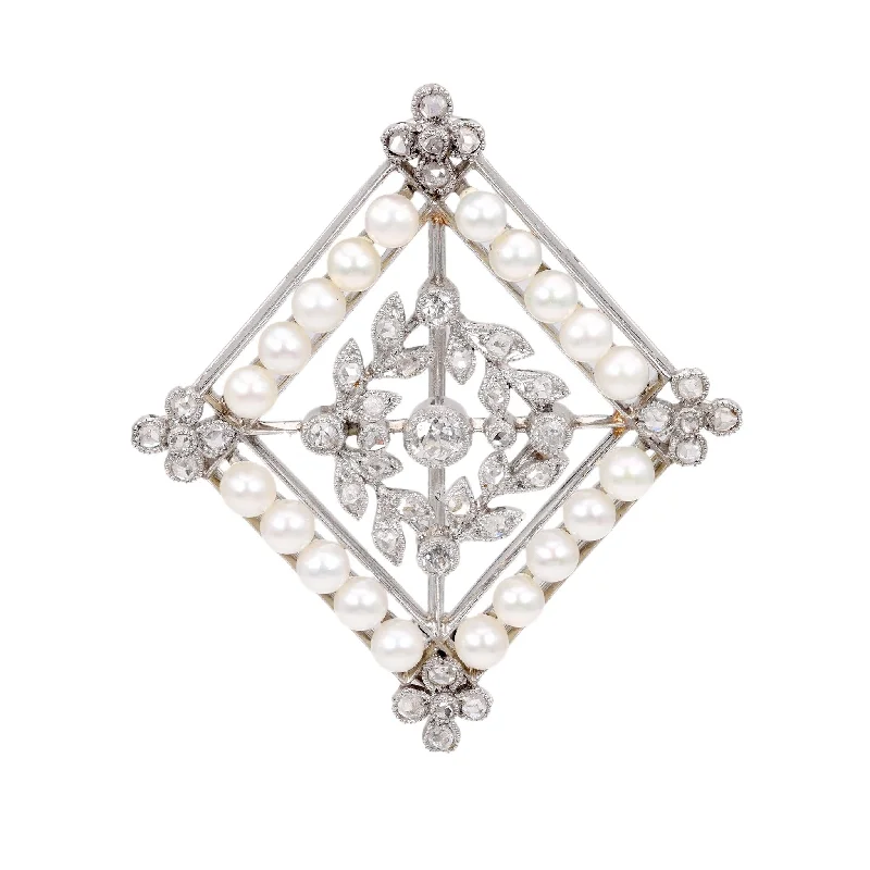 luxurious crystal brooch for women-Edwardian Seed Pearl Diamond Platinum Brooch