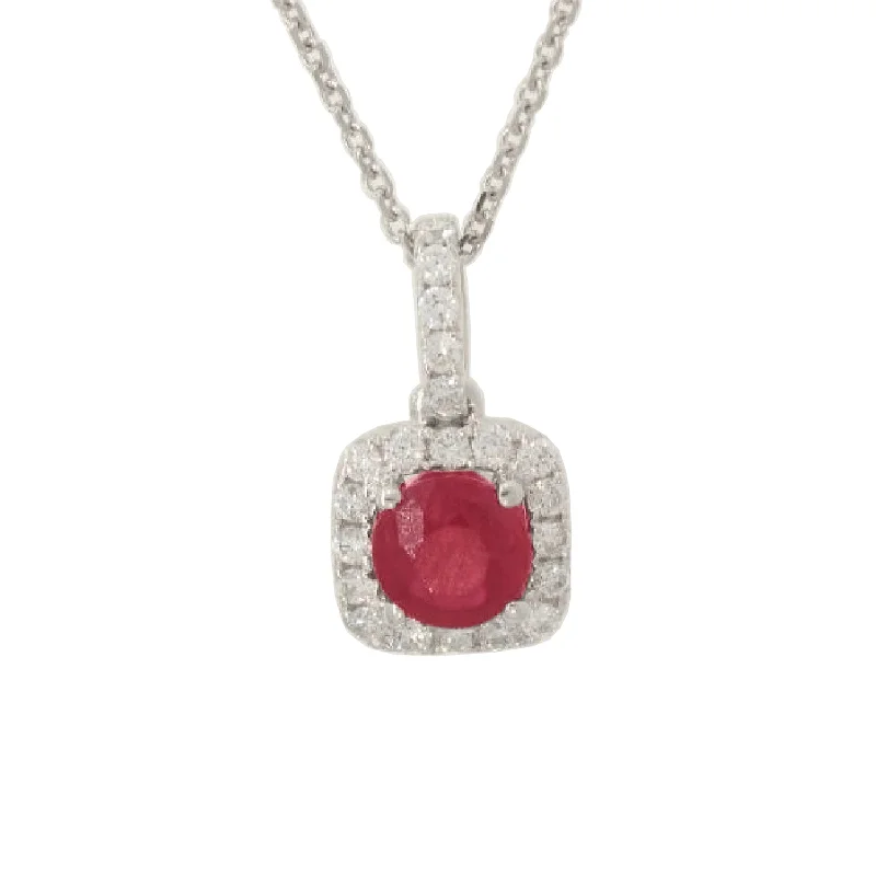 initial heart necklace for women-Ruby & Diamond Cushion Halo Pendant