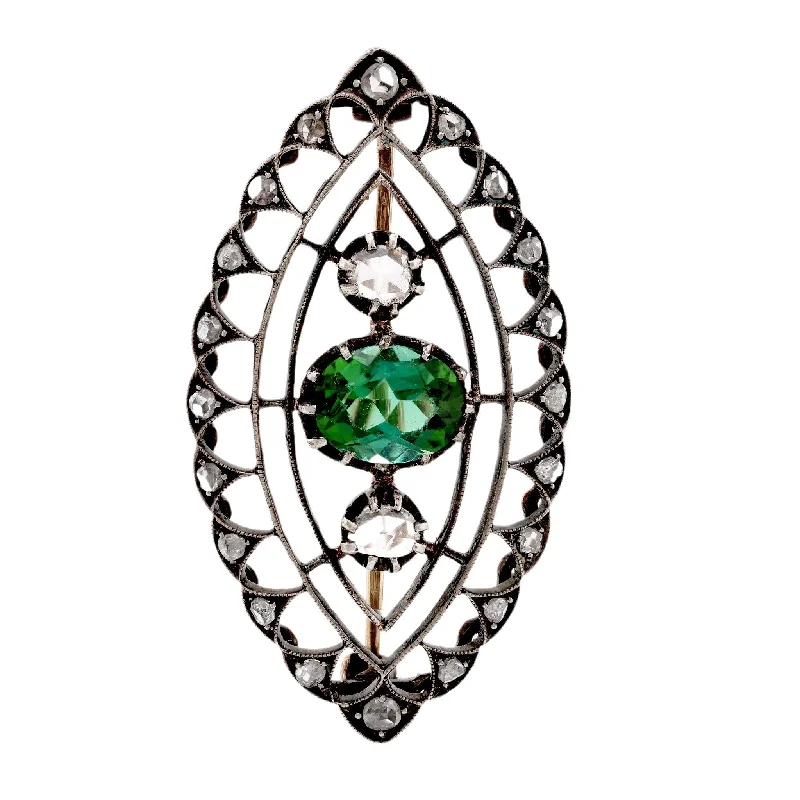 classic floral brooch for women-Antique Green Tourmaline Diamond 18K Yellow Gold Silver Brooch