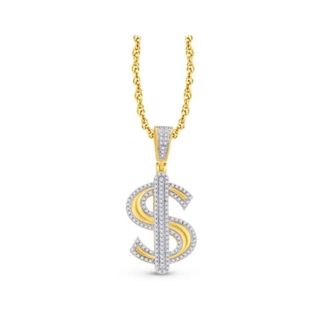 layered gemstone necklace for women-YELLOW GOLD DOLLAR SIGN CHARM WITH DIAMONDS, .33 CT TW