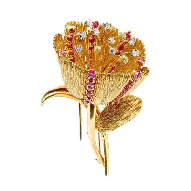 floral enamel brooch for women-Retro 5 carat total weight ruby diamond 18k gold tulip flower brooch