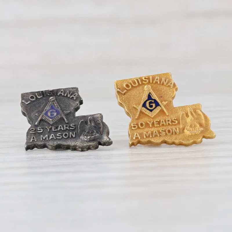 square cut engagement rings for women-Louisiana Masonic Pins 25 Years 50 Years Mason Set of 2 Lapels 10k Gold Silver