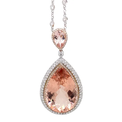 birthstone necklace for women-18K Rose Gold Diamond and Pear Morganite Pendant