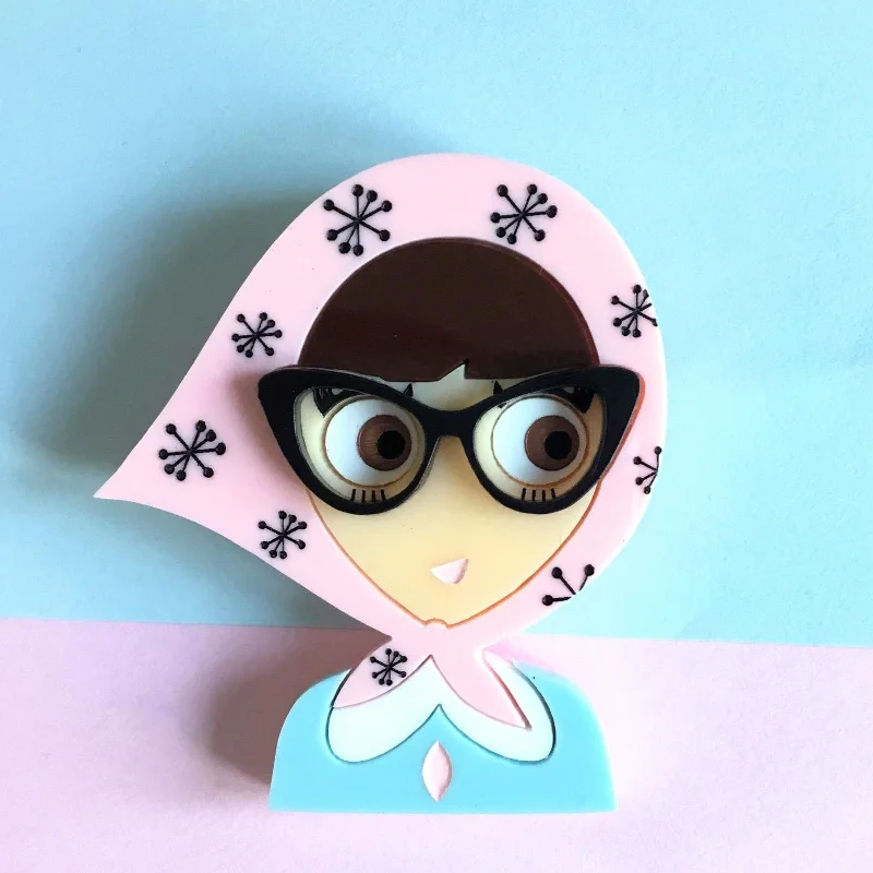 elegant bow brooch for women-ALVA Acrylic Brooch, a girl from the fifties with retro glasses