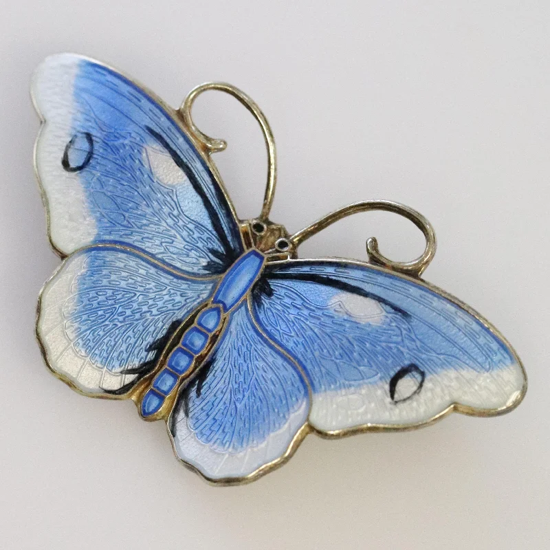 butterfly leaf brooch for women-Vintage Hroar Prydz Enamel Jewelry | Blue and White Guilloche Enamel Butterfly Brooch