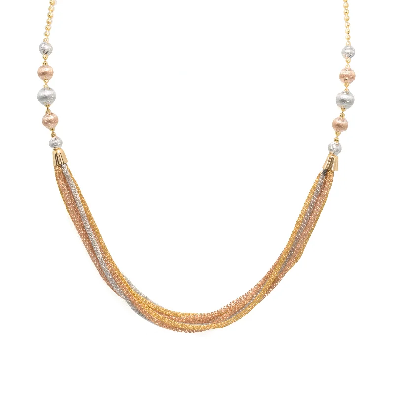 diamond teardrop necklace for women-22K Multi Tone Gold Ball Chain W/ Rose & White Gold Balls & Draped Wheat-Link Chains