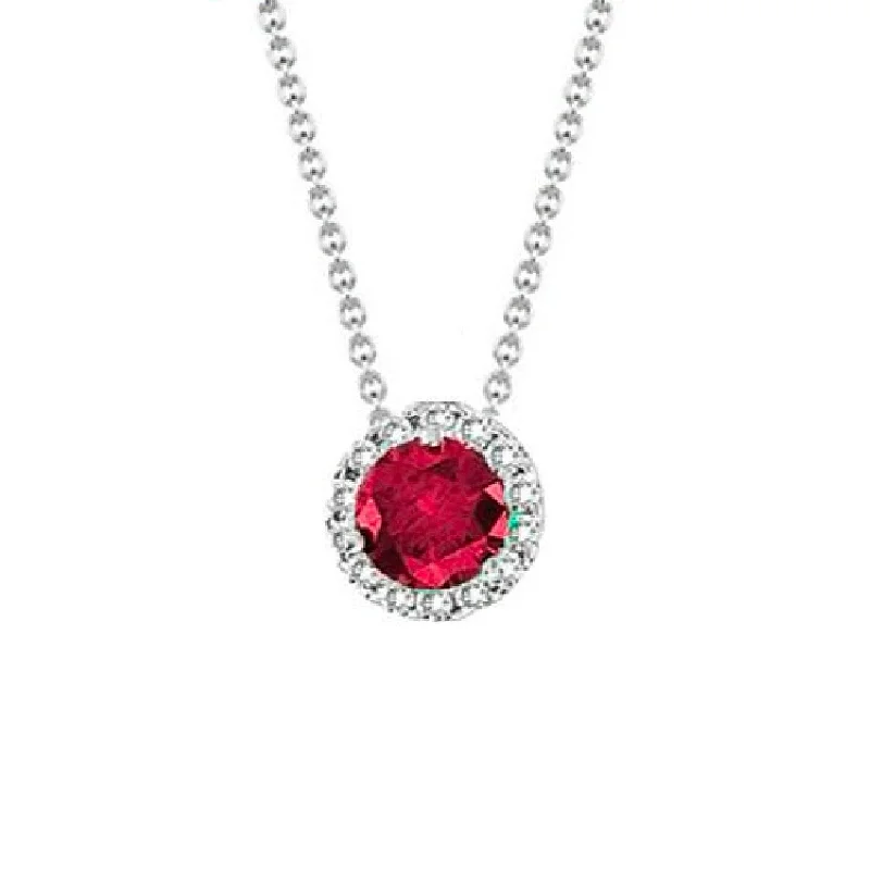 engraved bar necklace for women-Ruby & Diamond Round Halo Pendant