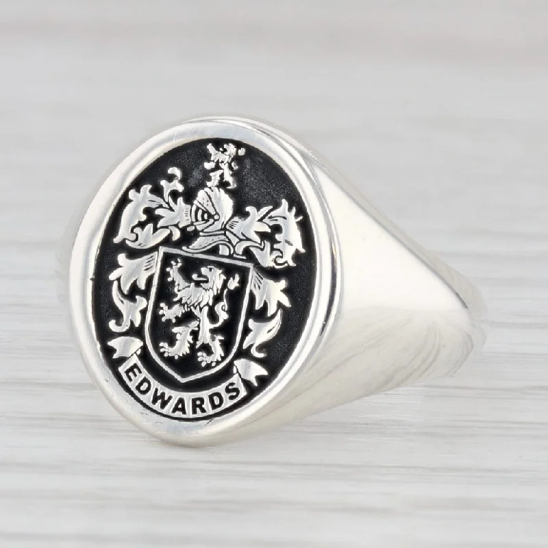 sapphire halo engagement rings for women-Edwards Family Crest Coat of Arms Sterling Silver Signet Ring Size 7.25