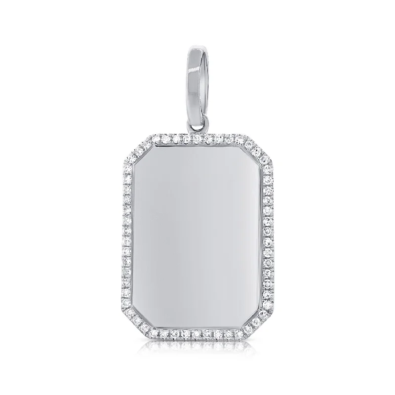 dainty chain necklace for women-14K White Gold Diamond Border Polished Charm Pendant-Engraveable