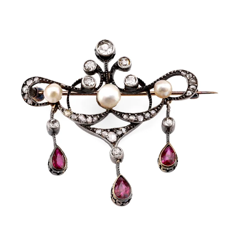 embroidered brooch for women-Antique Pearl Ruby Diamond 18K Yellow Gold Silver Brooch