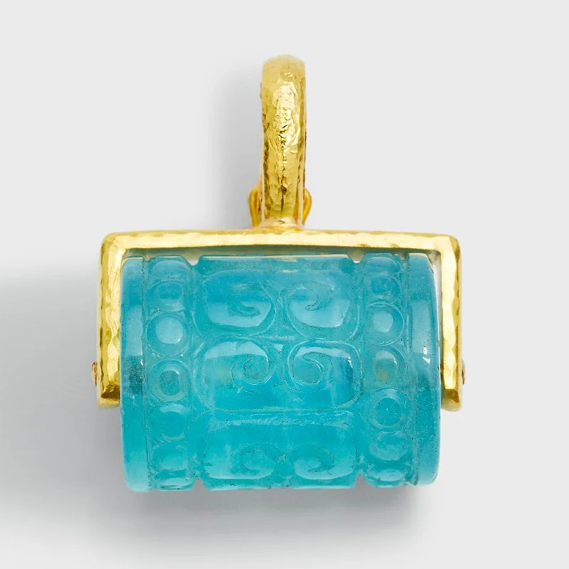 diamond pendant necklace for women-Turning Carved Aqua Barrel Pendant with Thin 3-Sided Frame