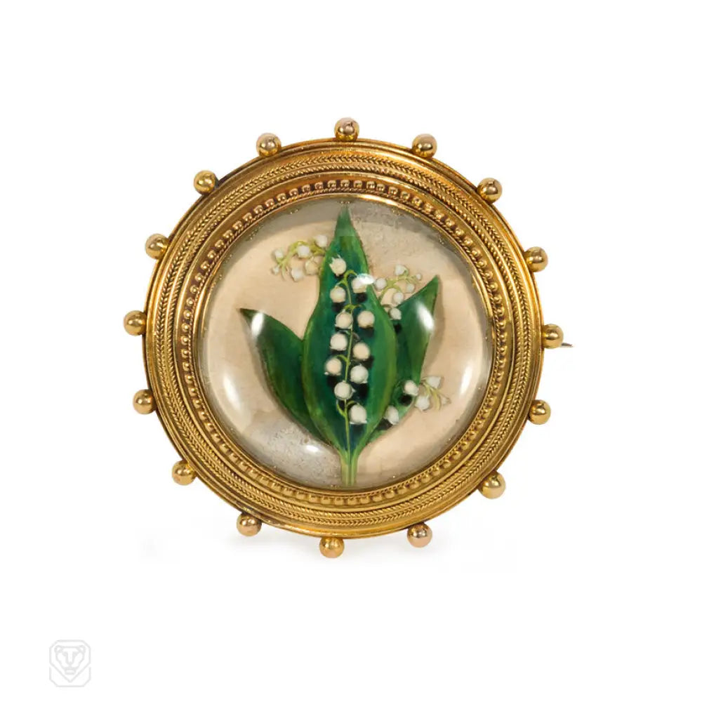 vintage pearl brooch for women-Antique gold and crystal brooch with lilies-of-the-valley