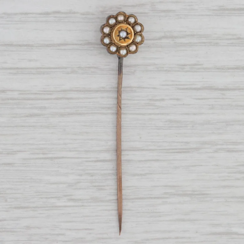 sapphire and diamond engagement rings for women-Antique Pearl Flower Stickpin w/ Box 15k Yellow Gold British